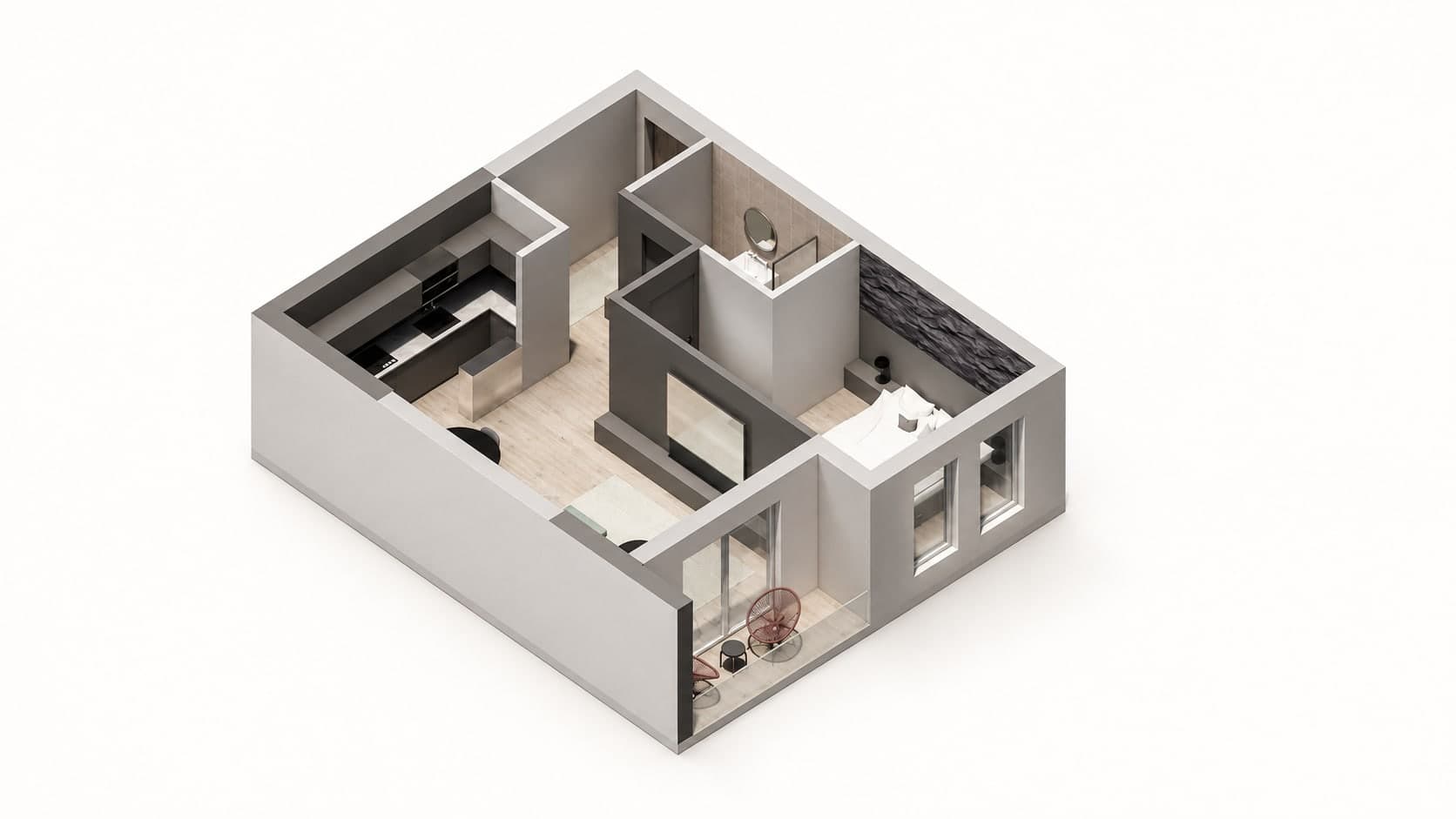 Axonometric render of the Blini Urban Retreat apartment