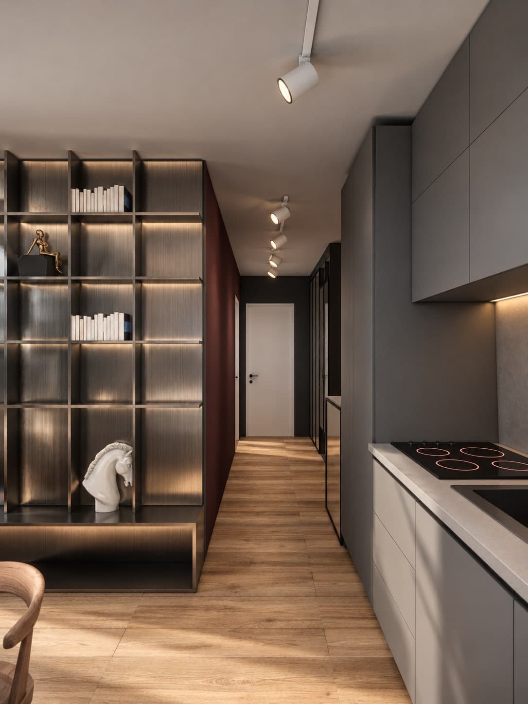 Render of the hallway with a lit shelving wall and burgundy accent